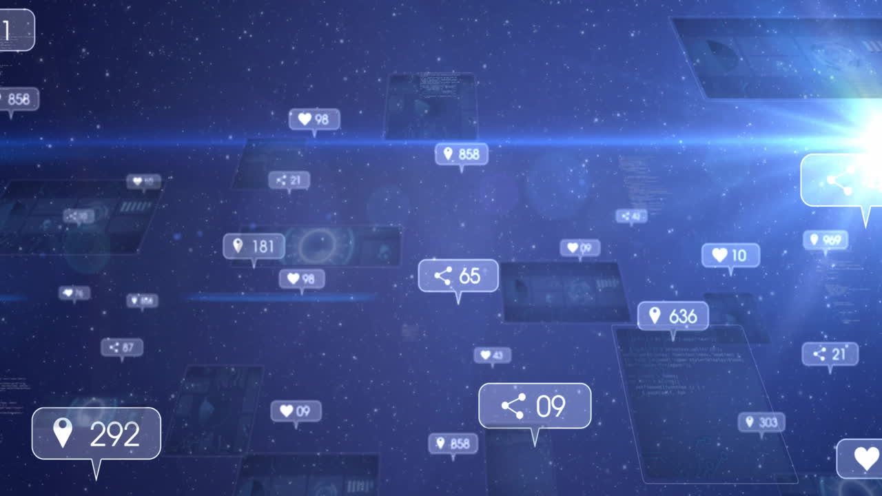 Floating animation of social media interaction icons over digital network background