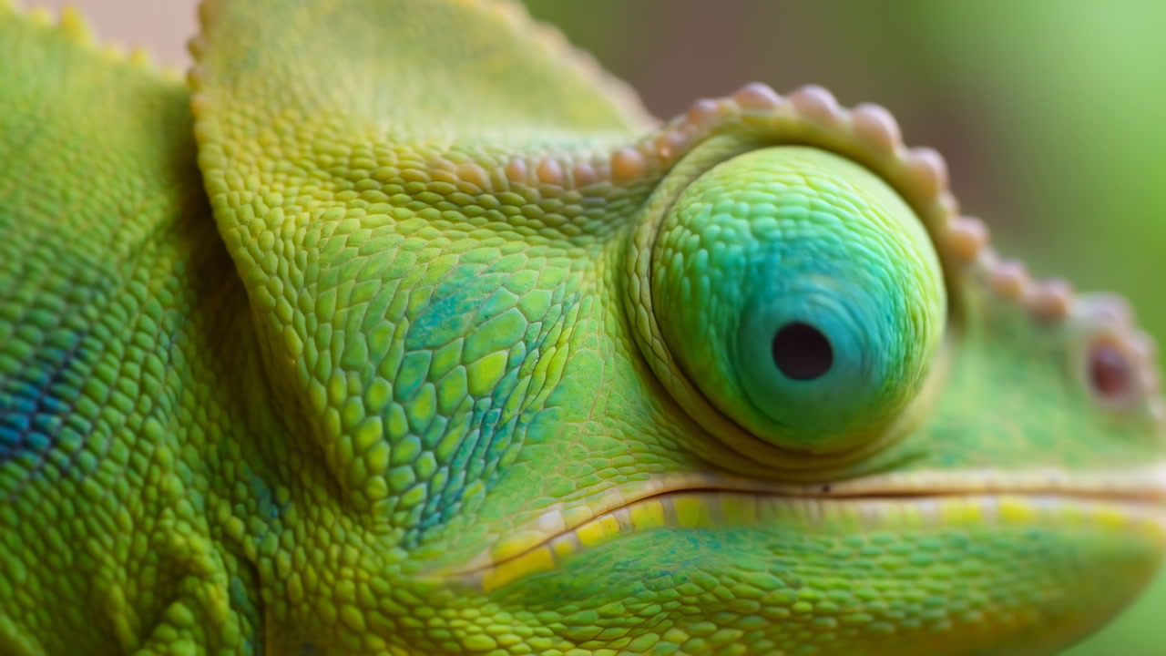 Closeup Chameleon Eye Color Shift, Vivid Macro Portrait Reveals Textured Scales And Changing Iris From Yellow
