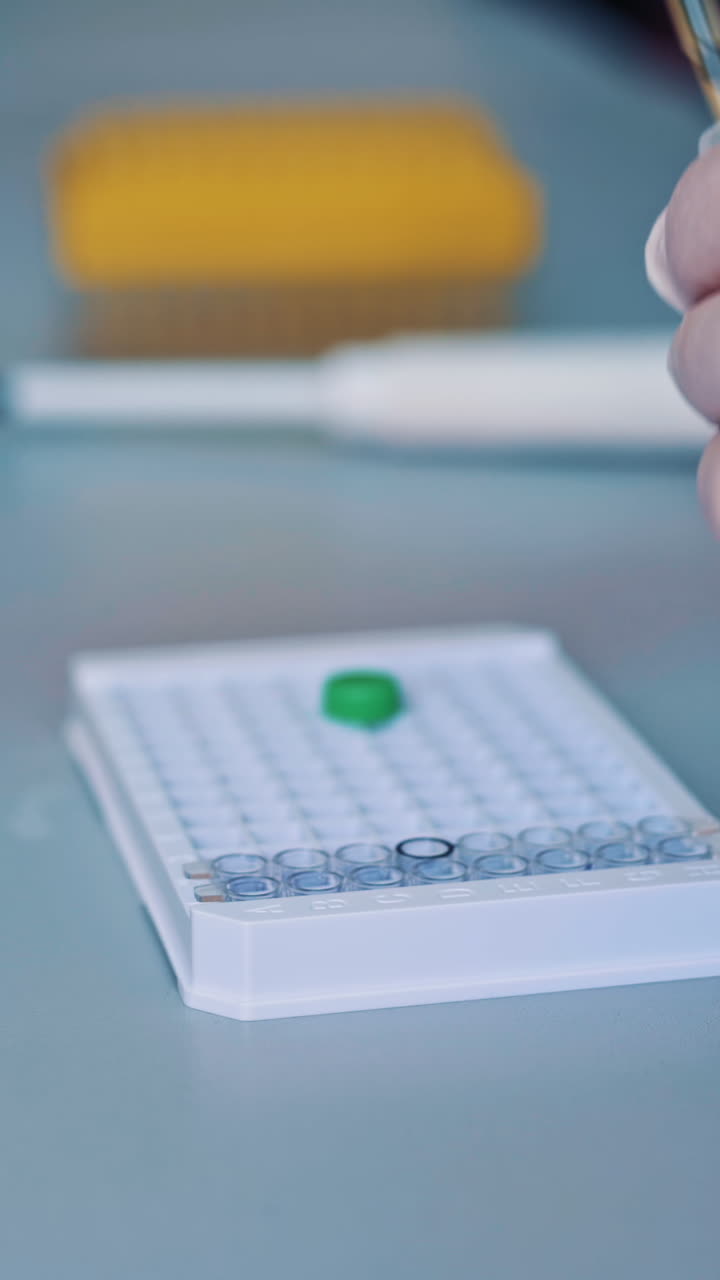 Scientist working at the laboratory. Close up of scientists research in laboratory process Vertical video