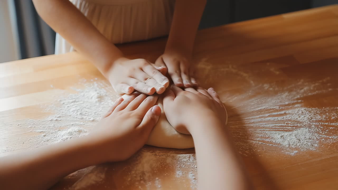 Children's hands kneading dough on a wooden table