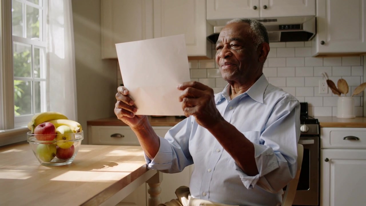 Picking up paper, man in light blue shirt reading document at kitchen counter, with fruit bowl