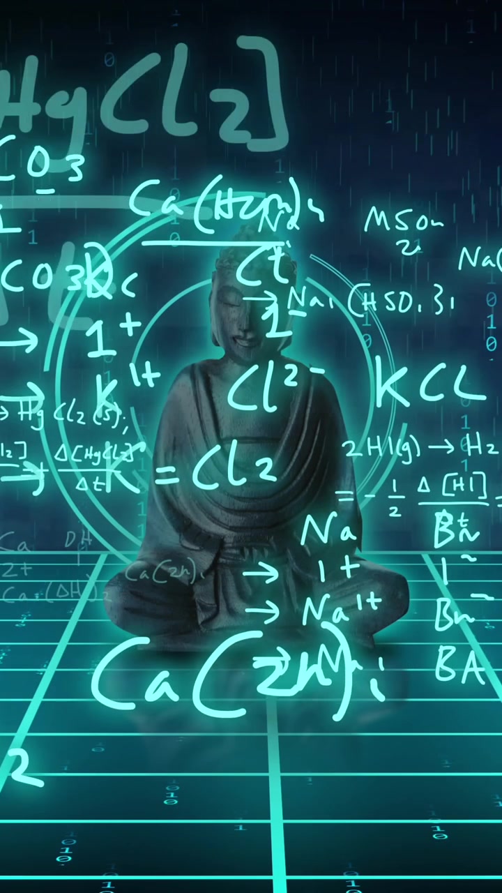 Animazione di elaborazione dati scientifici su statua di Buddha e griglia