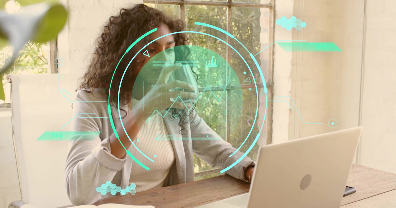 Woman pausing typing on laptop sipping water as teal UI graphic hovering over face promoting health
