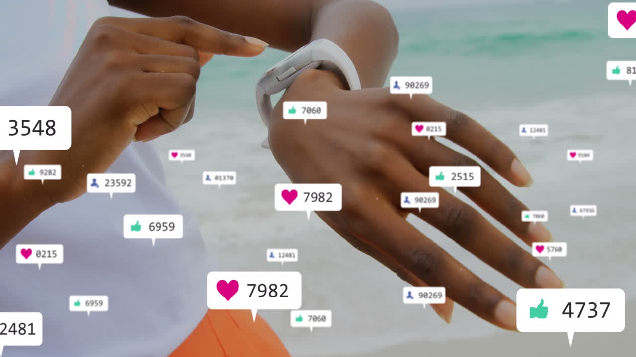 Animation of notification bars over midsection of african american woman using smartwatch at beach