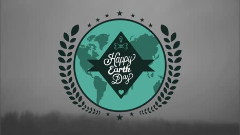 Animation-of-globe-and-happy-earth-day-in-wreath-over-landscape