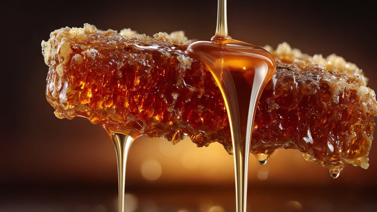 Un affascinante primo piano di miele dorato che cola da un favo naturale, mettendo in mostra la ricca consistenza e la dolcezza di questo delizioso dolcificante.