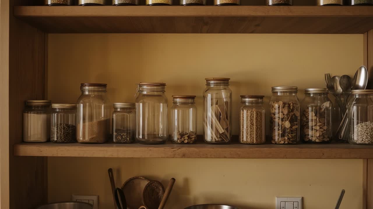 Kamera trekkes tilbake og avslører klare glasskrukker på midterste hylle, viser full hylle og skjeer.