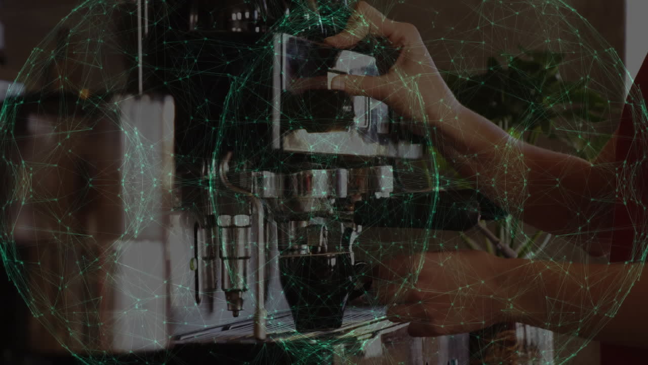 barista hands adjusting portafilter on espresso machine while digital network lines flowing in 3D