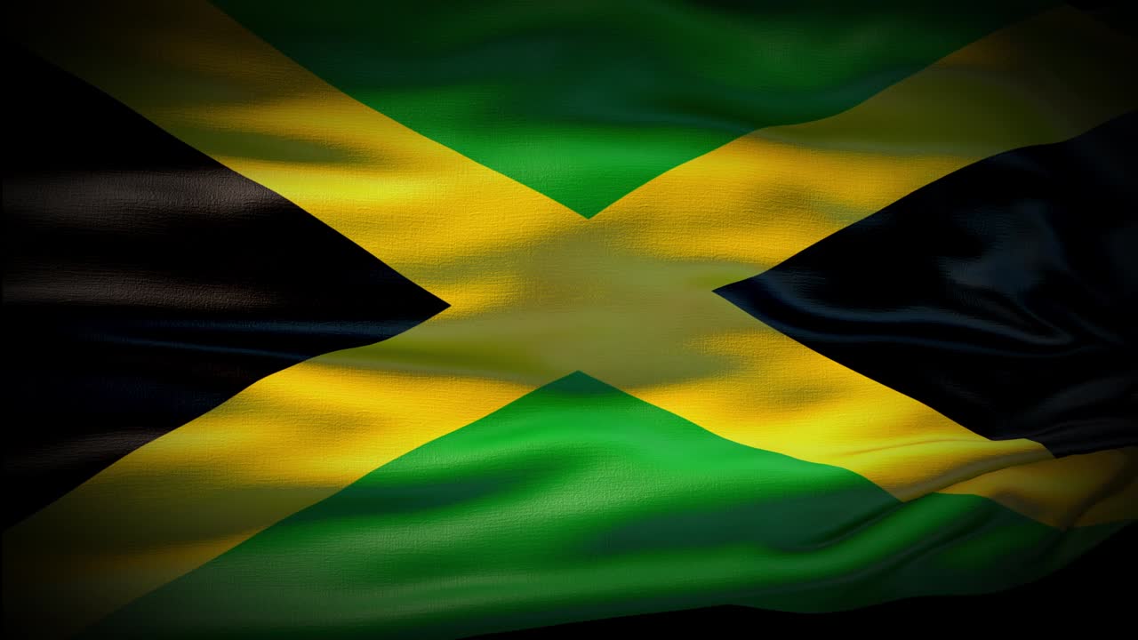 Animation Jamaica flag is waving seamless loop. Jamaica flag waving in the wind. Realistic 4K national flag of Jamaica Closeup.