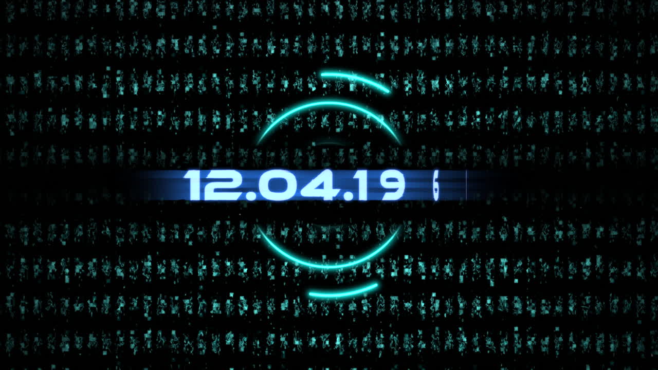 Animation closeup 12 04 1961 text on neon futuristic screen with abstract circles