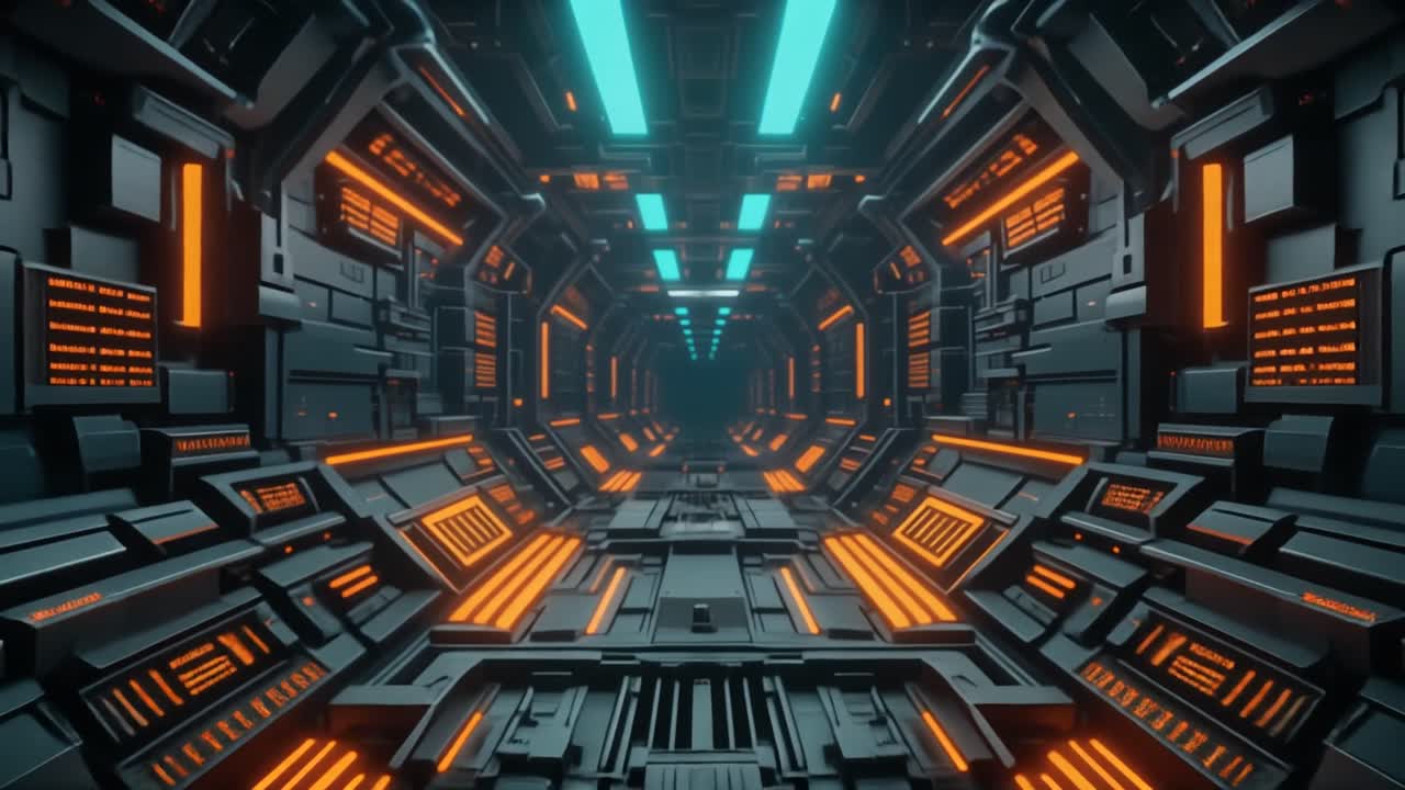 Volando attraverso un tunnel fantascientifico futuristico con luci al neon brillanti.