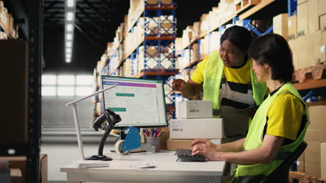vertical video two colleagues working on order processing in industrial warehouse space