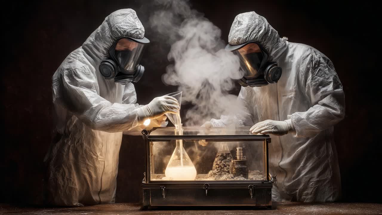 Intense Laboratory Experiment: Two Scientists in Protective Gear Conducting Chemical Reactions Producing Smoke and Intriguing Results in a Controlled Environment