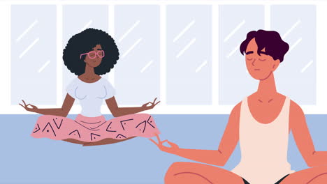 interracial young couple practicing yoga characters