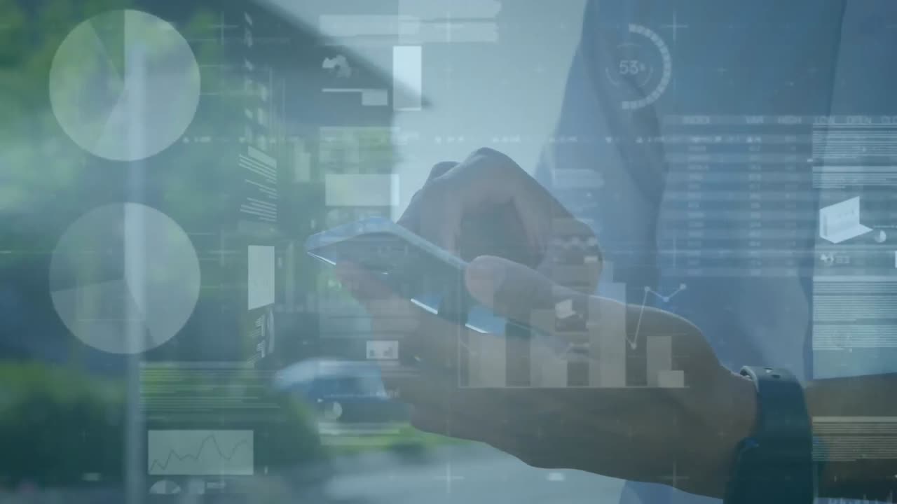 Animation of statistics and financial data processing over man using smartphone