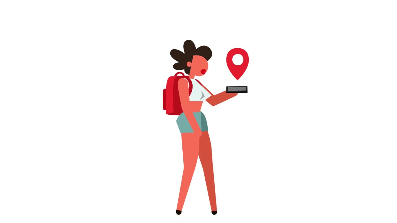 Stick Figure Pictogram Color Woman Girl Character with Backpack Travel GPS Navigator Cartoon Animation