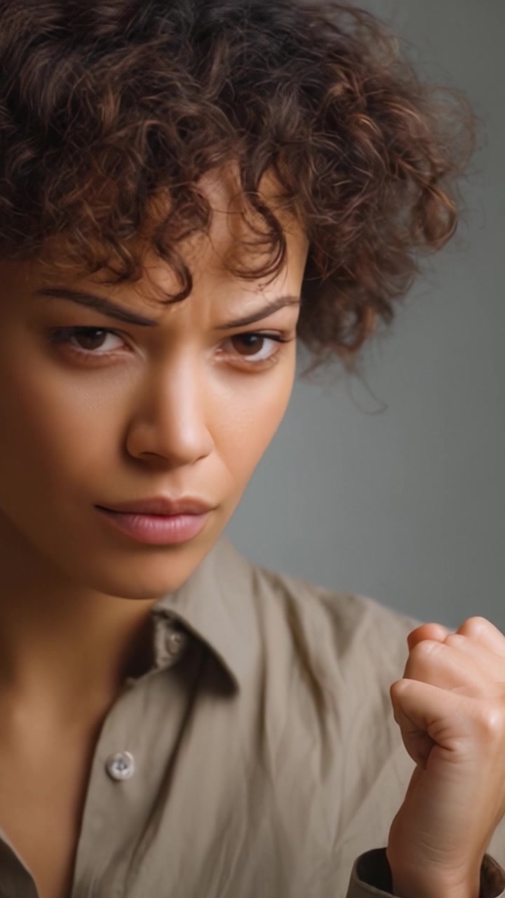 A Woman's Determined Expression: Capturing the Journey from Doubt to Resolve in a Powerful Moment of Transformation and Self-Assertion