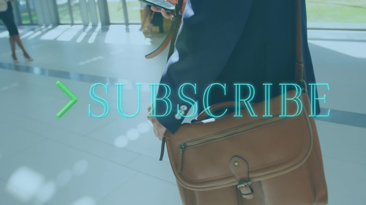 Animation of subscribe text over caucasian businessman using smartphone