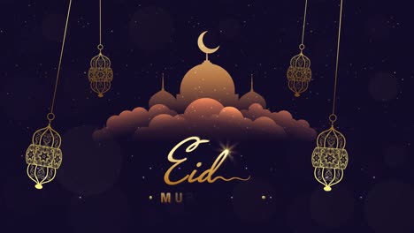 happy eid greeting motion design animation. beautiful 4k eid mubarak islamic design concept with hanging ramadan candle lantern and mosque.