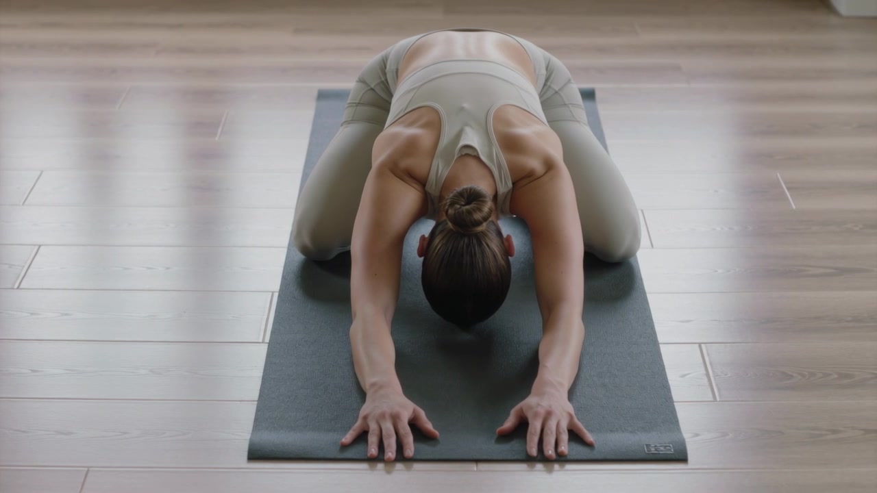 Kniende Frau in Sportkleidung ruht den Kopf auf einer Kopfstütze auf einer Yogamatte im Studio.
