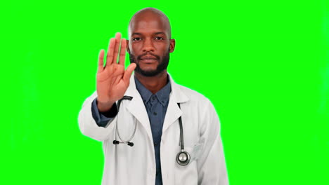 Doctor,-black-man-and-stop-hands-on-green-screen