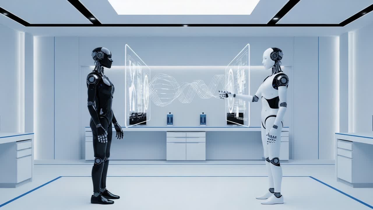 Two Advanced Robots Engaging in Interaction in a Futuristic Laboratory Setting with High-Tech Displays and Sleek Design Elements Representing Modern AI Evolution