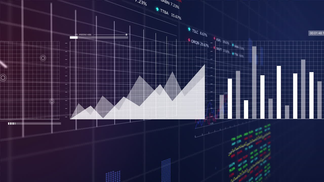 animación del procesamiento de datos estadísticos y del mercado de valores contra un fondo azul
