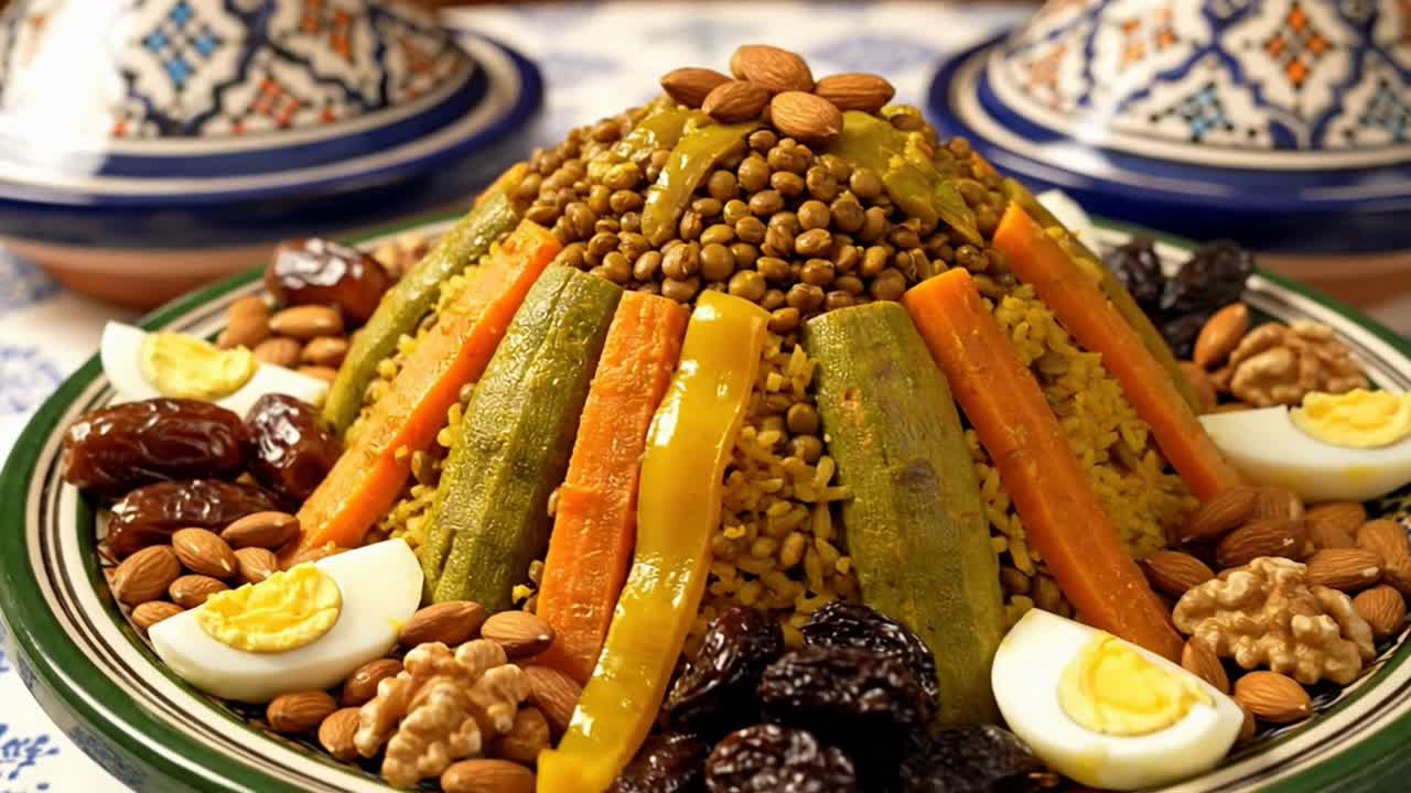 Ornate Moroccan Rice Dish with Lentils Vegetables and Nuts