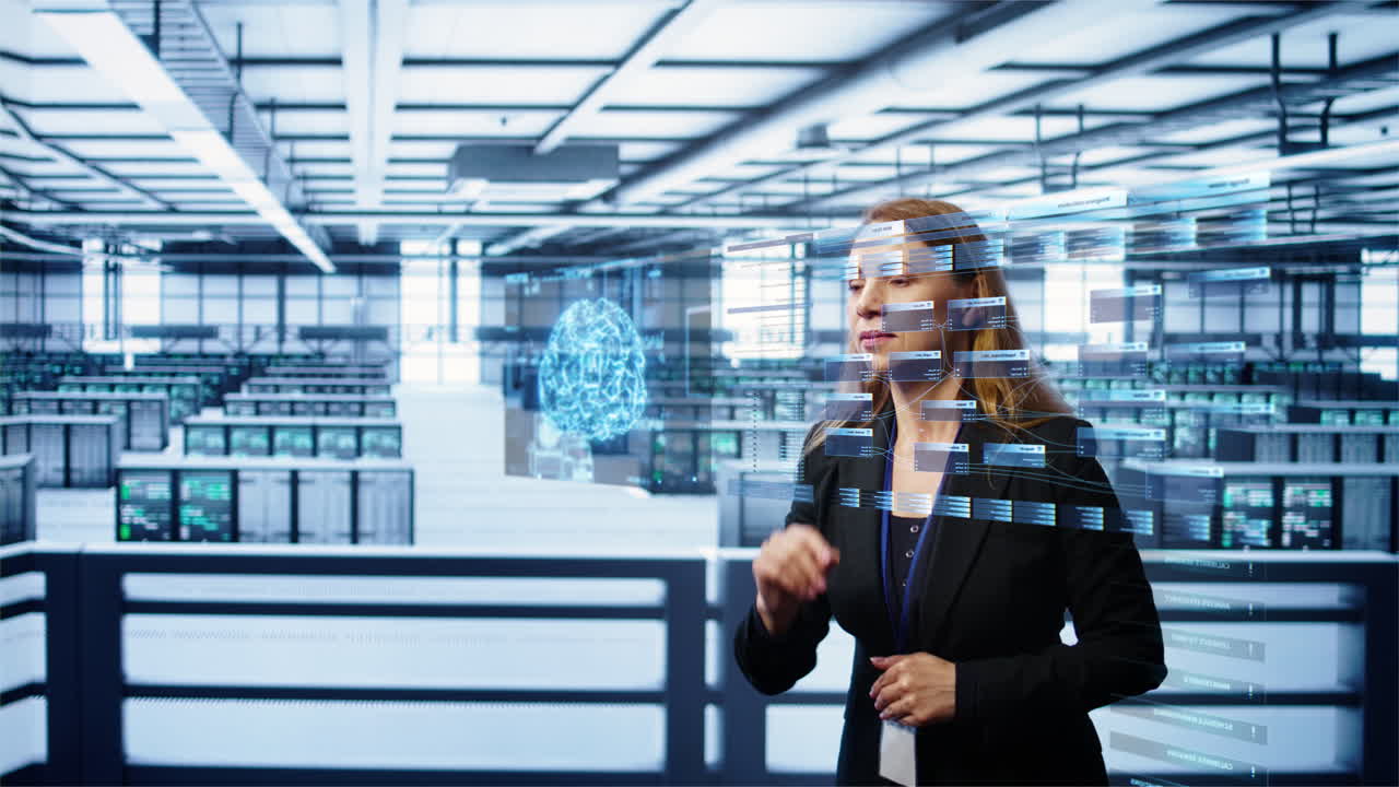 el gerente de la granja de servidores mira la simulación de ar, supervisando los puntos de referencia de rendimiento