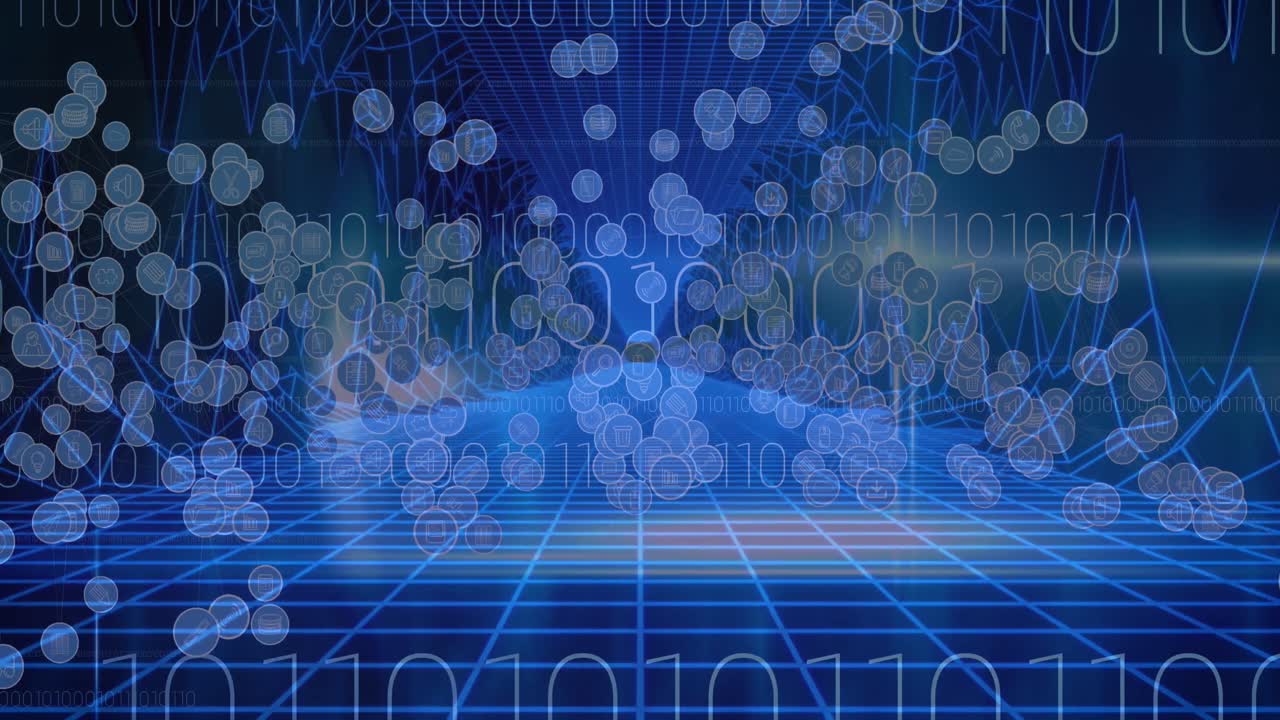 파란색 배경에 바이너리 코딩을 통해 디지털 아이콘의 애니메이션