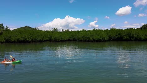 couple in a kayak in the ocean of phuket thailand, men and woman in a kayak at a tropical island with palm trees and mangrove forest.