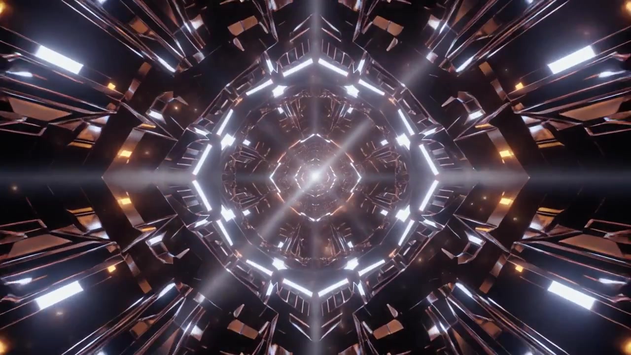 Abstract Futuristic Tunnel with Glowing Golden Lights and Geometric Structures