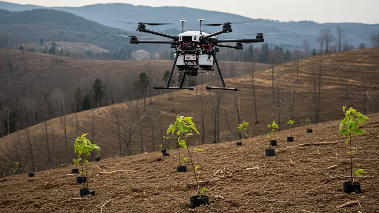 Drone Technology Revolutionizing Agriculture: A Close-Up of a Drone Nurturing New Seedlings in a Mountainous Landscape