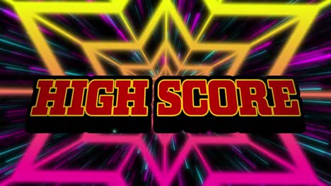 Animation-of-highs-score-text-over-orange-and-pink-geometrical-shapes