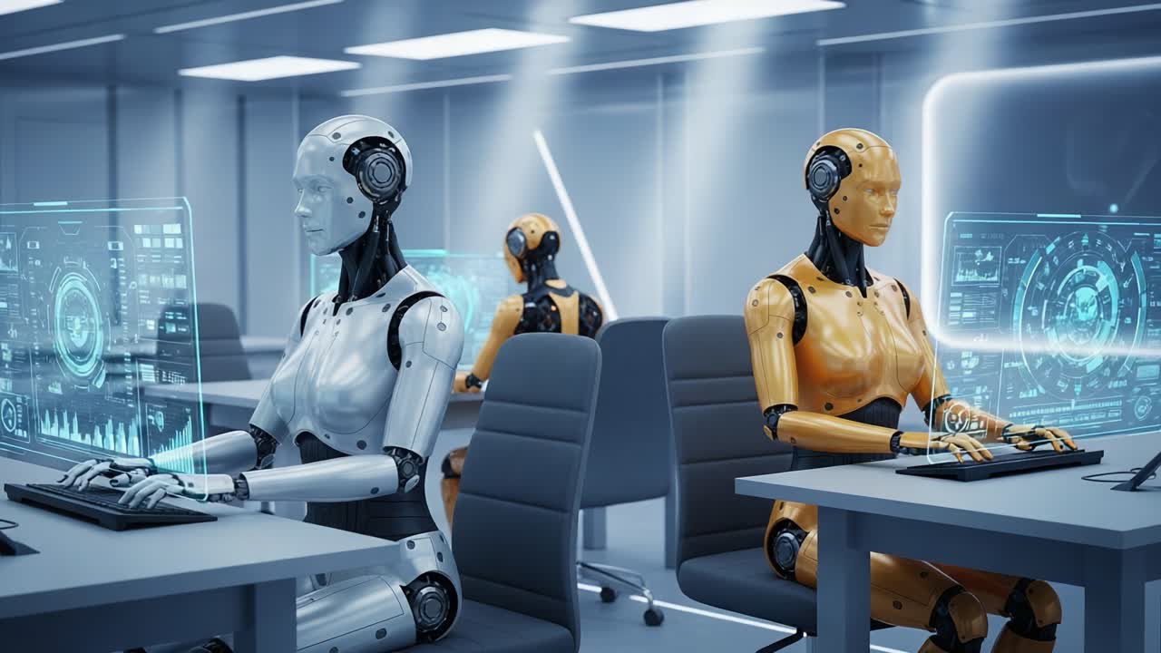 In a futuristic office environment, intelligent robots interface with advanced technology, showcasing their capabilities in a world driven by automation and artificial intelligence.