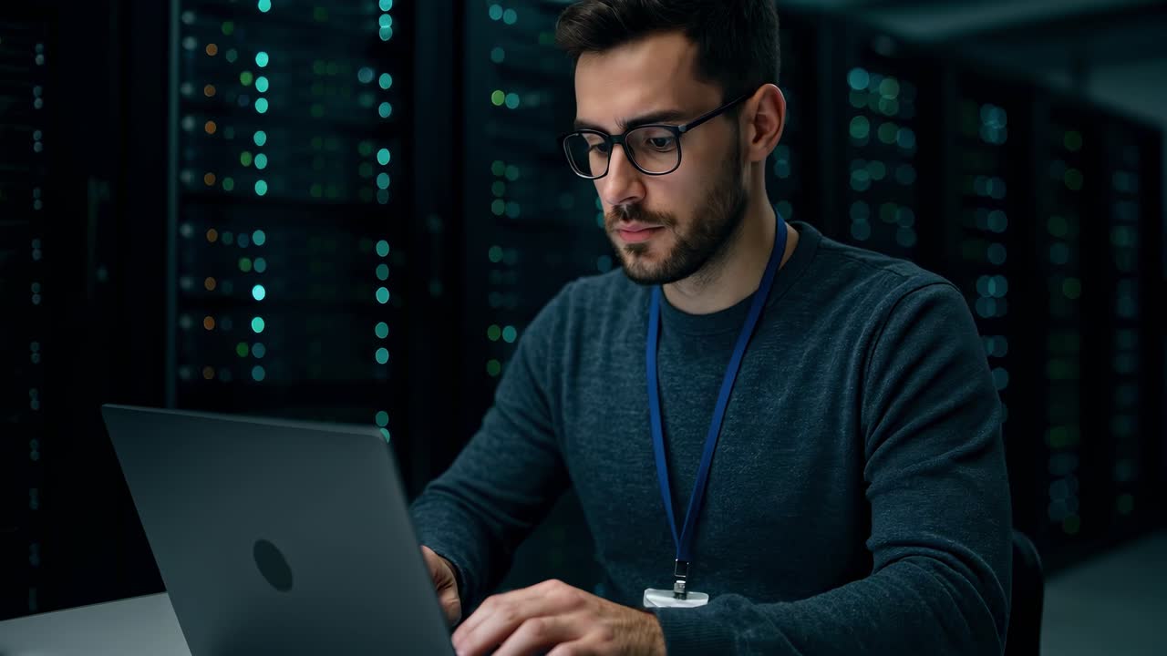 Un professionista concentrato in una sala server, che digita su un laptop.