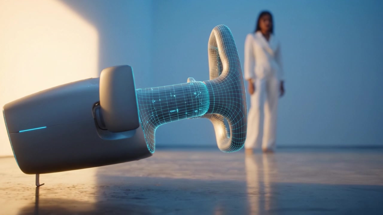 Futuristic Robotic Arm and Human Interaction in a Minimalistic Setting with Ethereal Lighting and Modern Aesthetics Representing Advanced Technology and Design