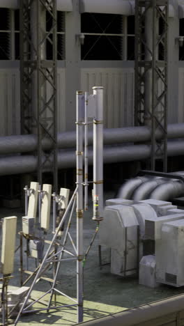 industrial rooftop with ventilation system and communication equipment in city