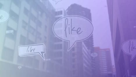 animation of like text icons in speech bubbles on cityscape background