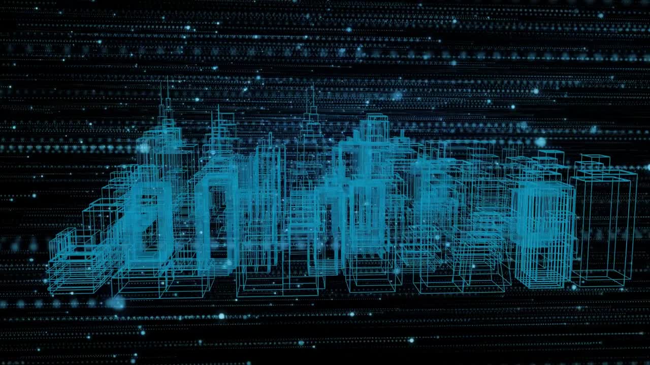 animazione dell'elaborazione dei dati e disegno architettonico 3d della città in rotazione