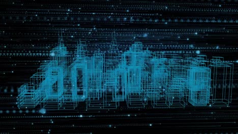 animación del procesamiento de datos y dibujo arquitectónico 3d de la ciudad giratoria