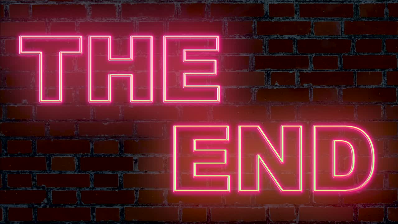 la fuente del texto final parpadea en color iluminado rosa neón, efecto de cine por computadora