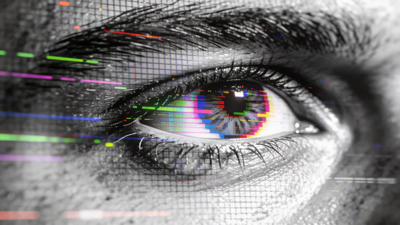 Lifting eyelid, human eye at studio macro after grid activating, revealing iris rings and glitches