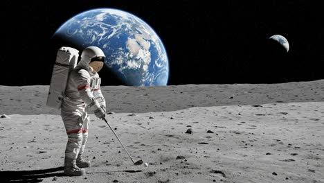 an astronaut tees off on the lunar surface: an imaginative golfer's dream, swinging at the moon with earth in the background amidst a starry sky