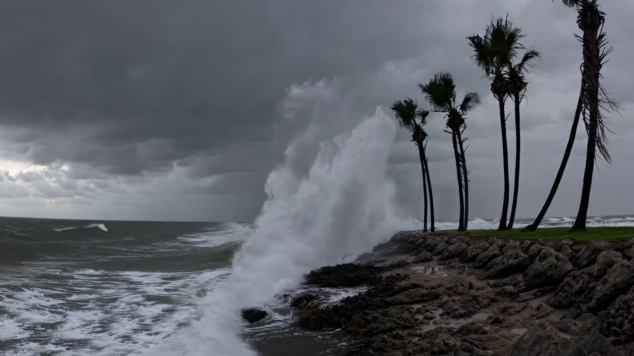 Dramatic wide-angle shot of stormy seas crashing against a rocky shore with palm trees swaying