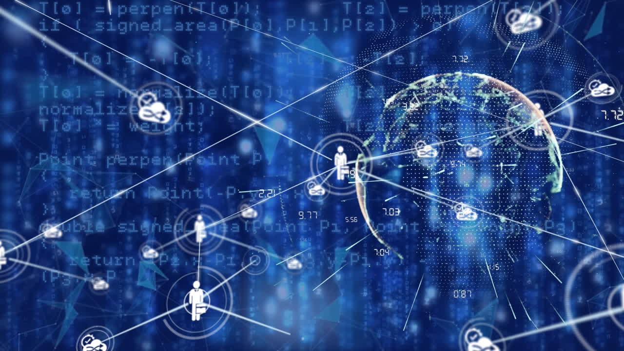 Animation of network of digital icons, globe, data processing against light trails falling