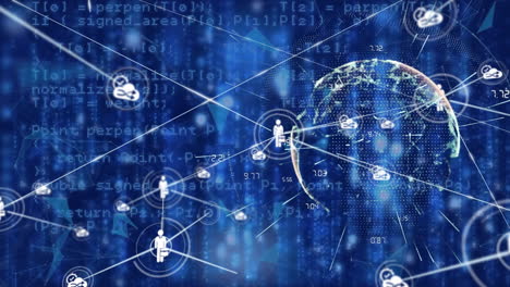animation of network of digital icons, globe, data processing against light trails falling