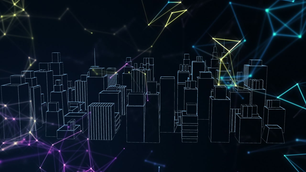 Animation of 3d model of modern skyscrapers rotating against dots connecting with lines