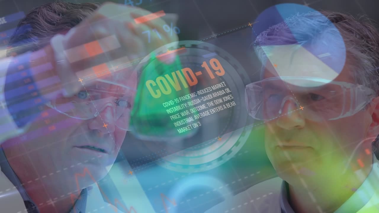 Animación de procesamiento de datos financieros sobre gente de negocios usando dispositivos electrónicos