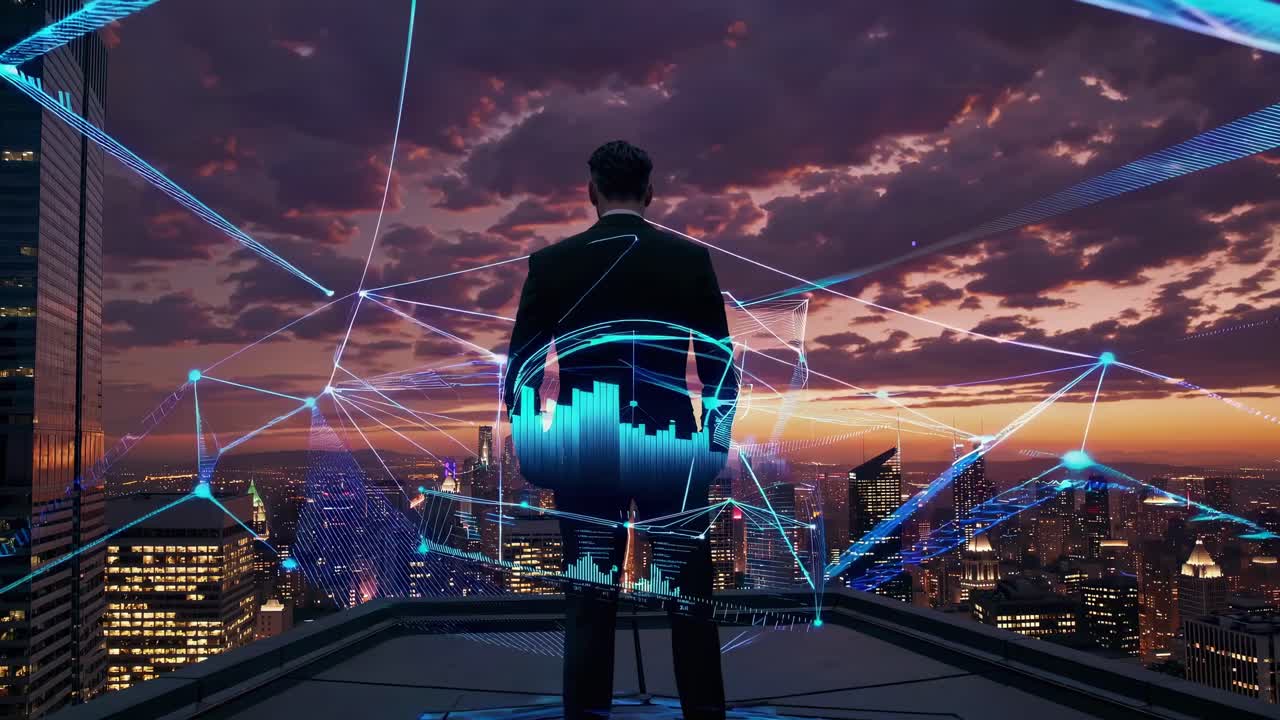 A man in a suit stands on a rooftop at sunset, overlooking a cityscape with digital graphics